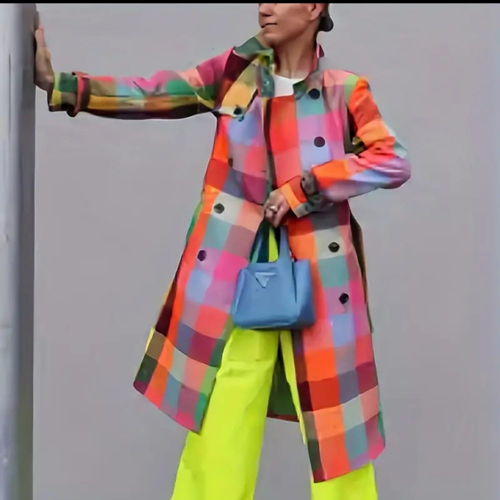 Rainbow Plaid Double Button Ladies Rain Coat. - Picture 2 of 10
